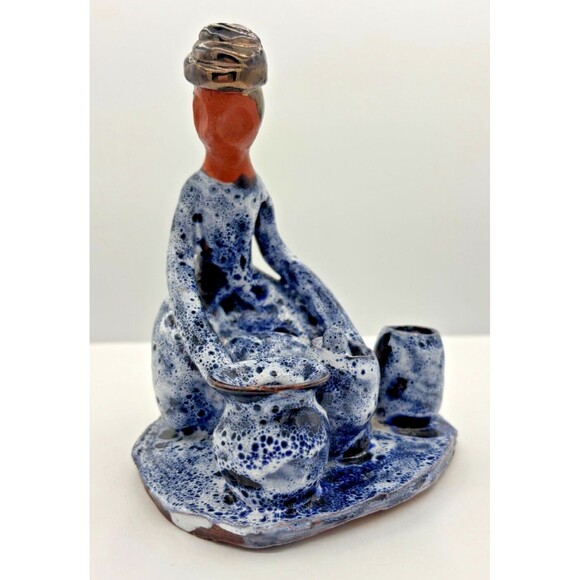 Vintage Clay Art Pottery Figure Sitting w/Pots Primitive Blue Speckled Glazed - Picture 1 of 16